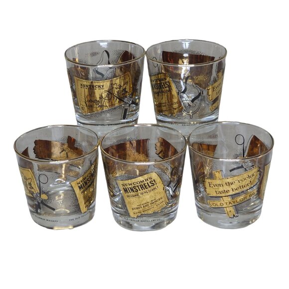 Vintage Old Taylor 86 Gold & Clear Kentucky Straight Bourbon Whiskey Glasses Set - Picture 5 of 11